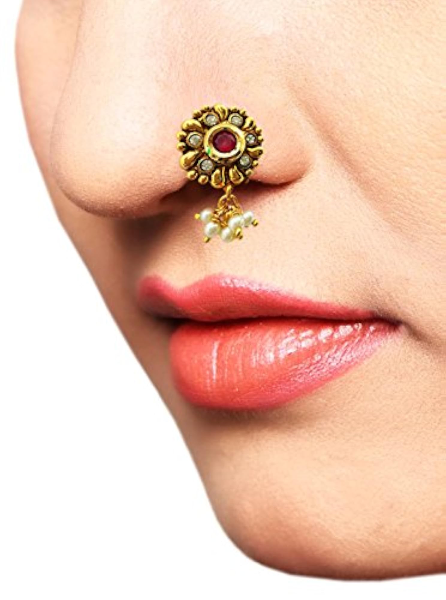 Women's Traditional Nose Stud Nath with Crystals & Pearls